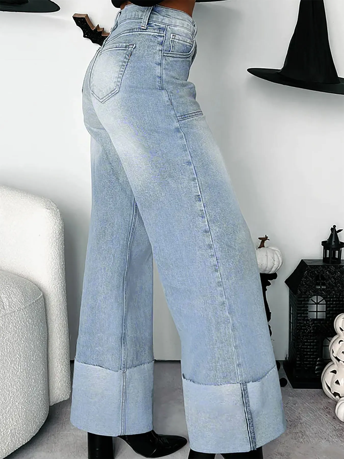 Trendy High-Waist Folded Hem Washed Wide-Leg Denim Jeans for Effortless Street Style