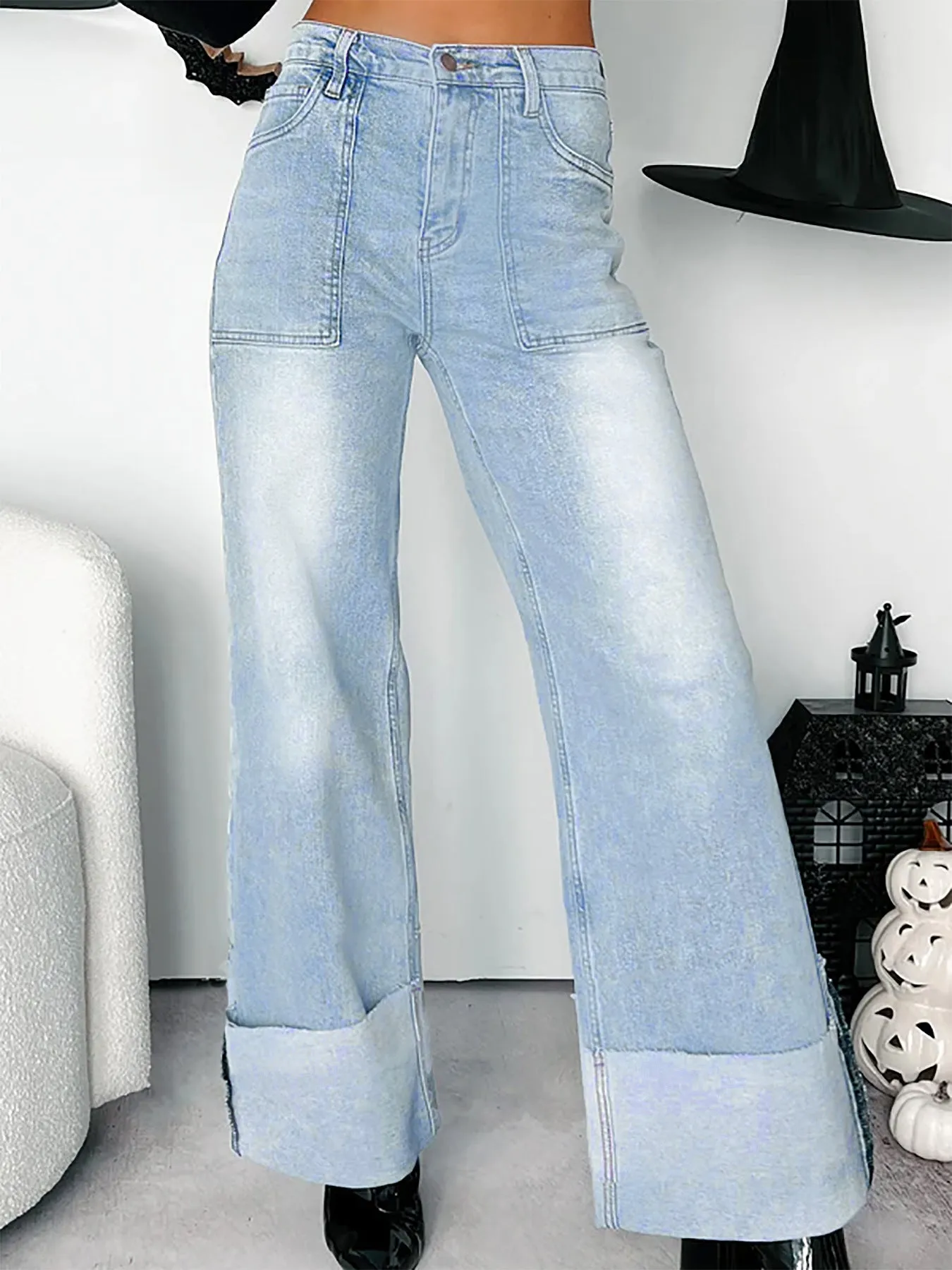 Trendy High-Waist Folded Hem Washed Wide-Leg Denim Jeans for Effortless Street Style