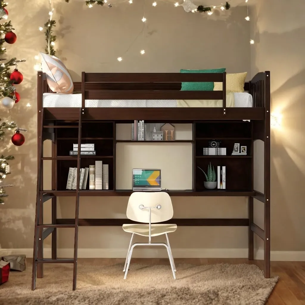 Twin Size Loft Bed with Storage Shelves Desk and Ladder Sturdy Frame
