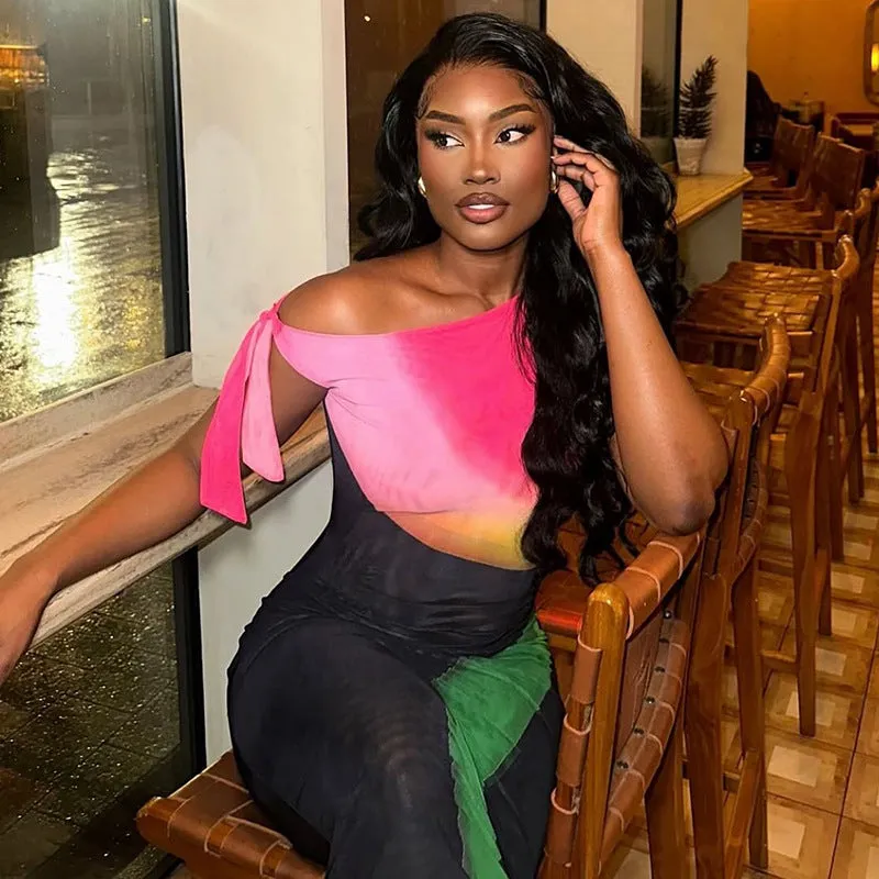 Vibrant Colorblock Off-Shoulder Bodycon Dress with Tie Detail