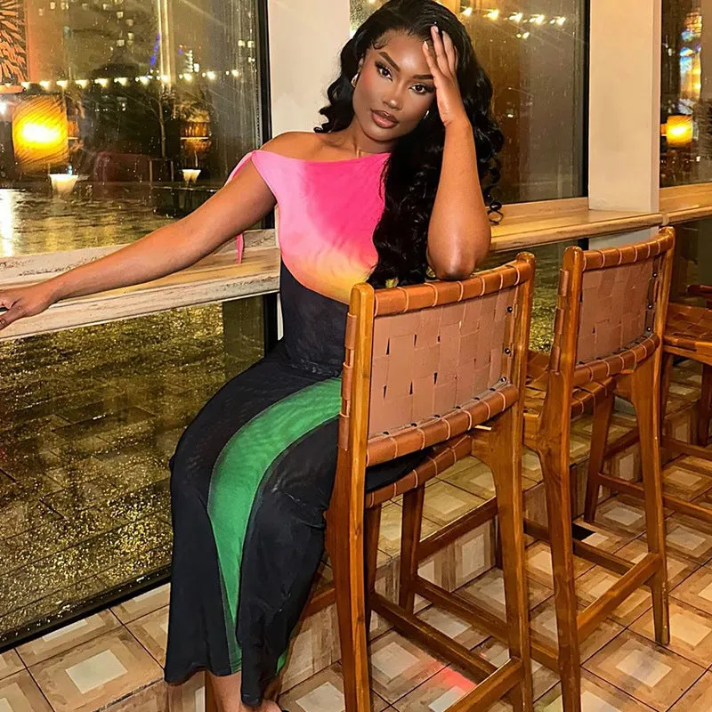 Vibrant Colorblock Off-Shoulder Bodycon Dress with Tie Detail