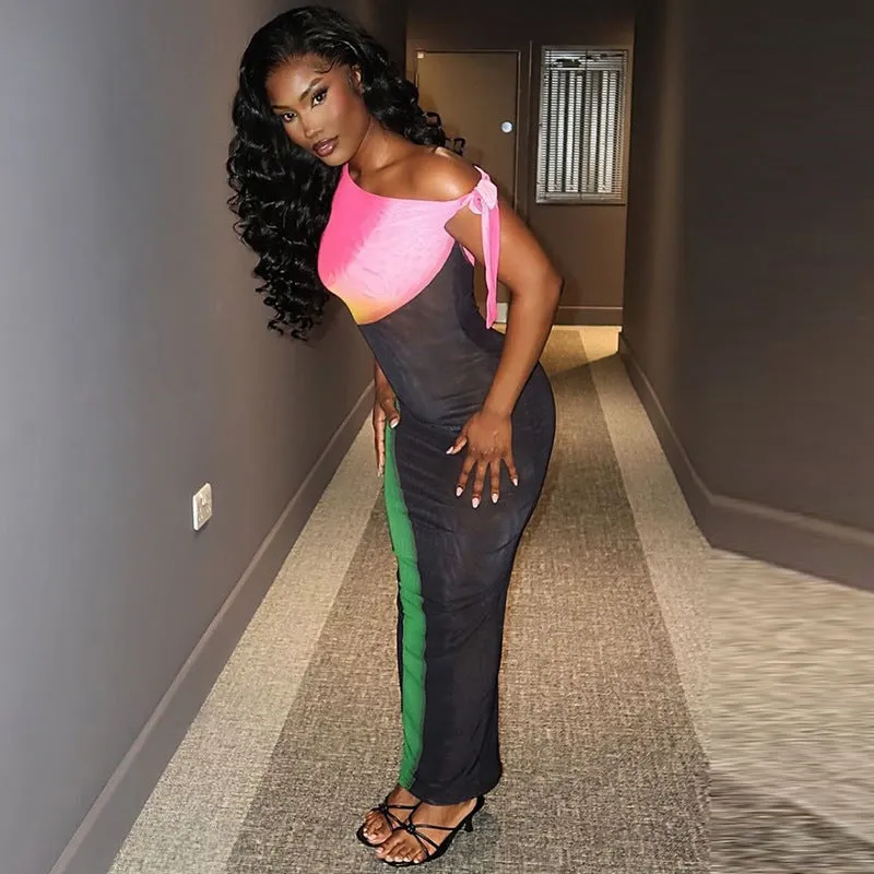 Vibrant Colorblock Off-Shoulder Bodycon Dress with Tie Detail
