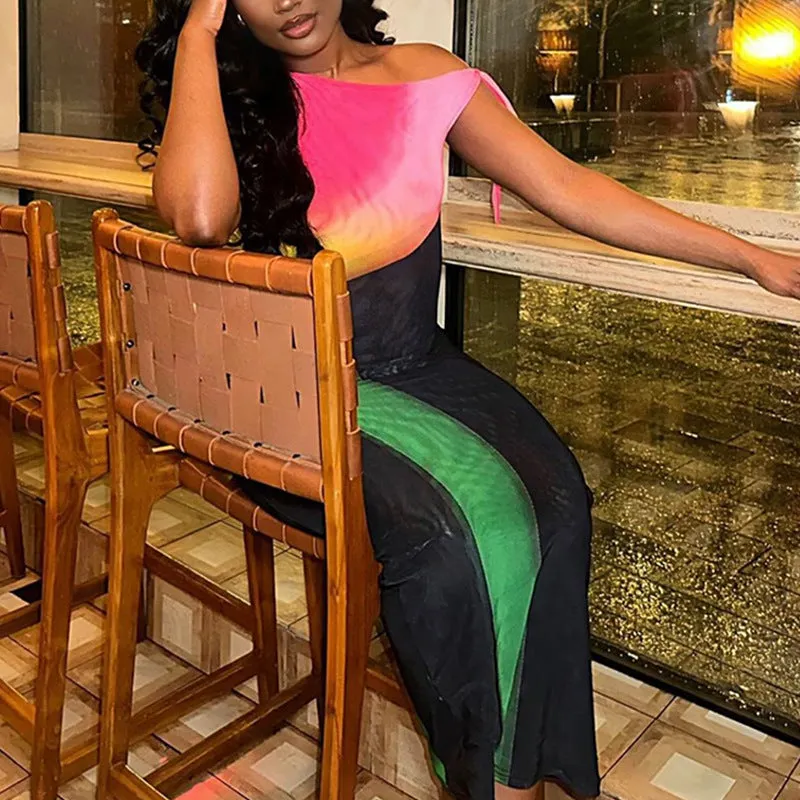 Vibrant Colorblock Off-Shoulder Bodycon Dress with Tie Detail