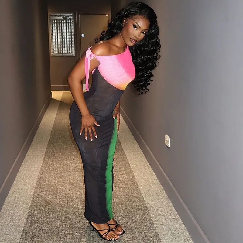 Vibrant Colorblock Off-Shoulder Bodycon Dress with Tie Detail