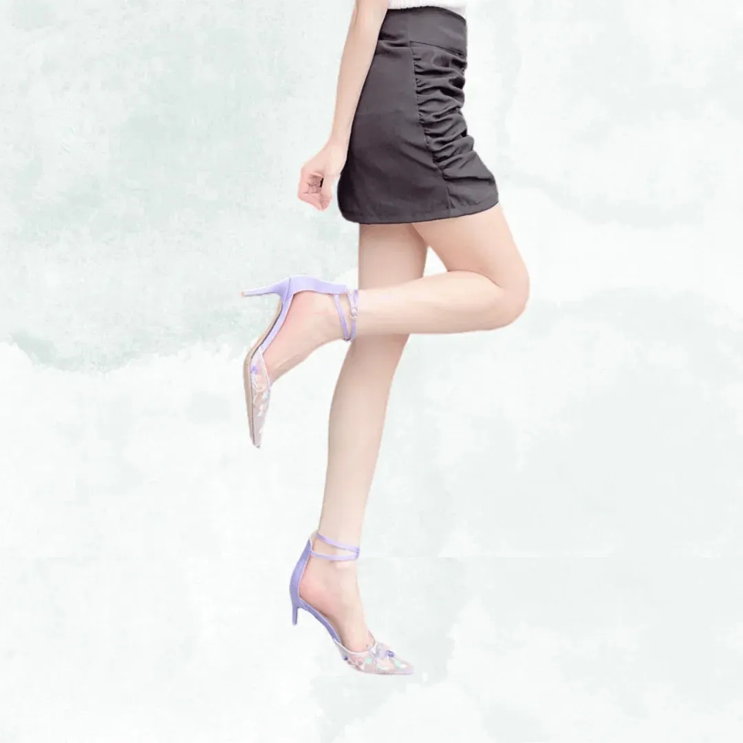 VougeVamp Luxurious Pointed Mesh Chiffon Butterfly Heels – Embroidered Floral Ankle Strap High Heels