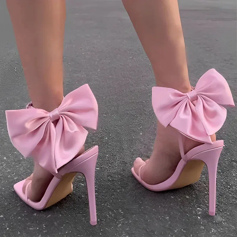 VougeVamp Women's Bow Ankle Strap High Heels – Elegant Open Toe Sandals for Weddings & Parties