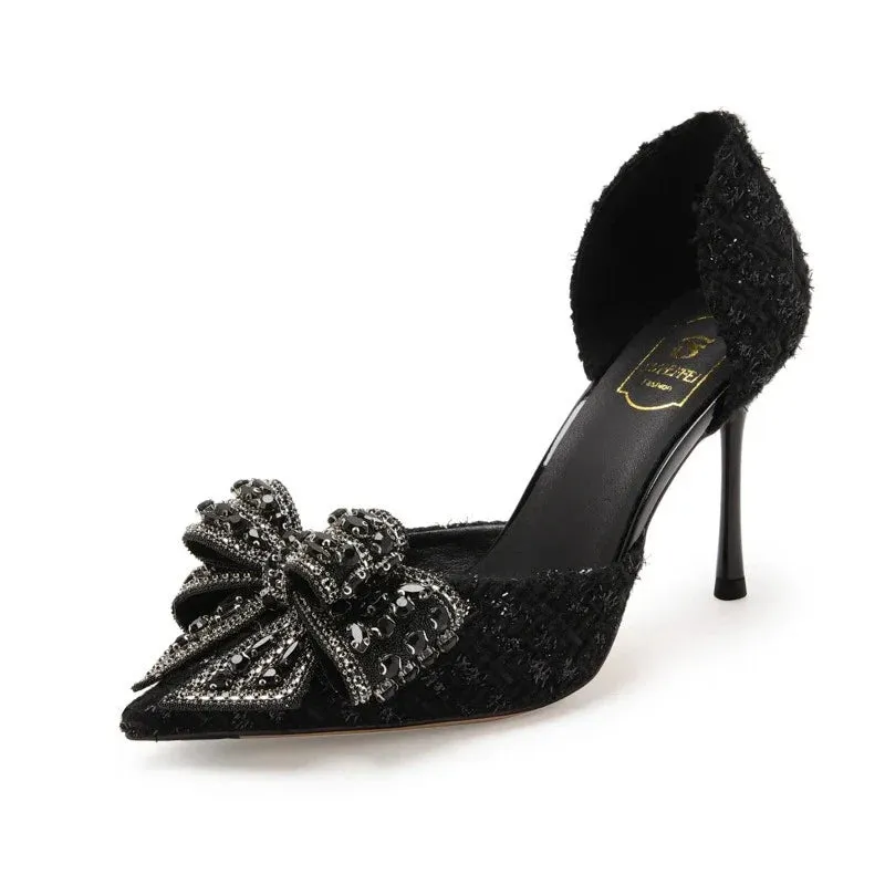 VougeVamp Women's Pearl Crystal Bow High Heels – Elegant White Wedding Pumps for Brides & Parties