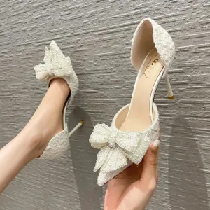 VougeVamp Women's Pearl Crystal Bow High Heels – Elegant White Wedding Pumps for Brides & Parties