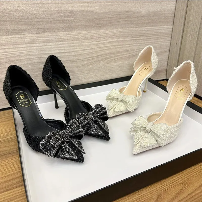 VougeVamp Women's Pearl Crystal Bow High Heels – Elegant White Wedding Pumps for Brides & Parties