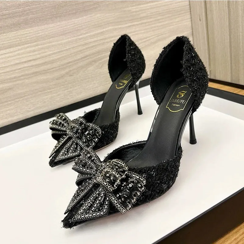 VougeVamp Women's Pearl Crystal Bow High Heels – Elegant White Wedding Pumps for Brides & Parties