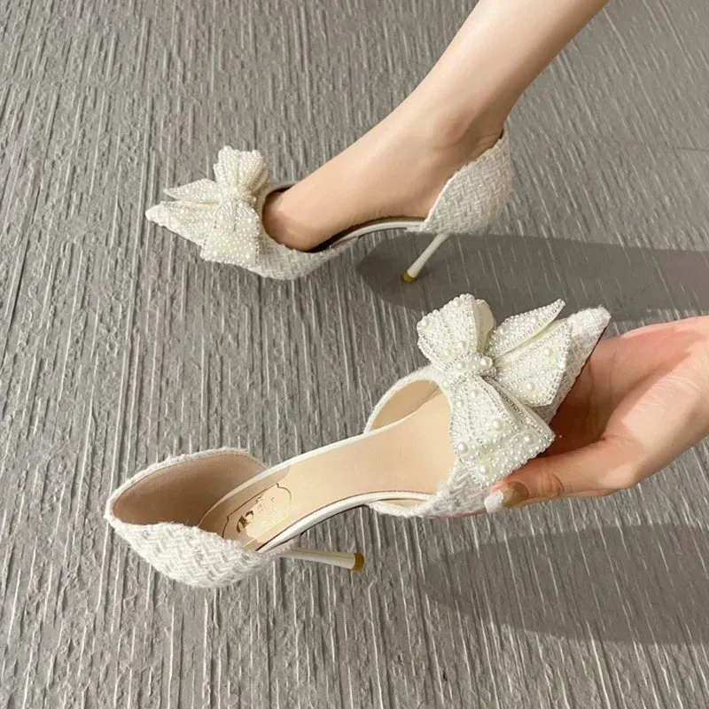 VougeVamp Women's Pearl Crystal Bow High Heels – Elegant White Wedding Pumps for Brides & Parties