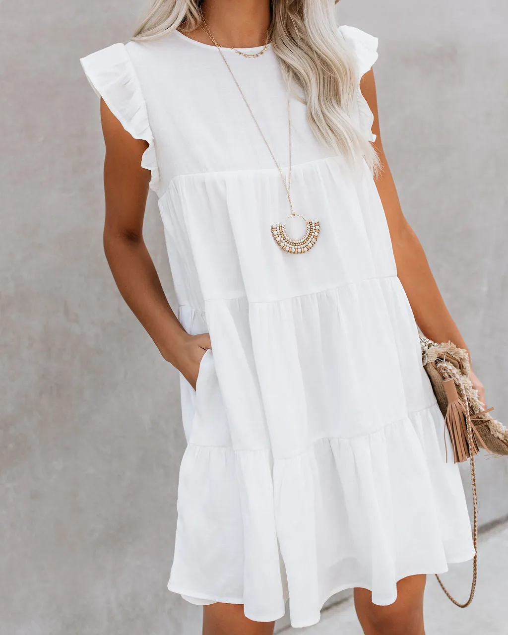 White East Coast Pocketed Tiered Babydoll Dress