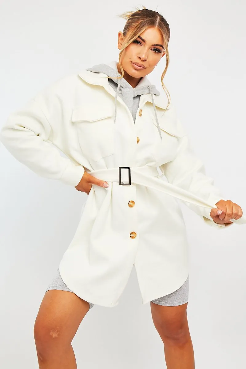 White Front Pocket Belted Shacket - Ranessa