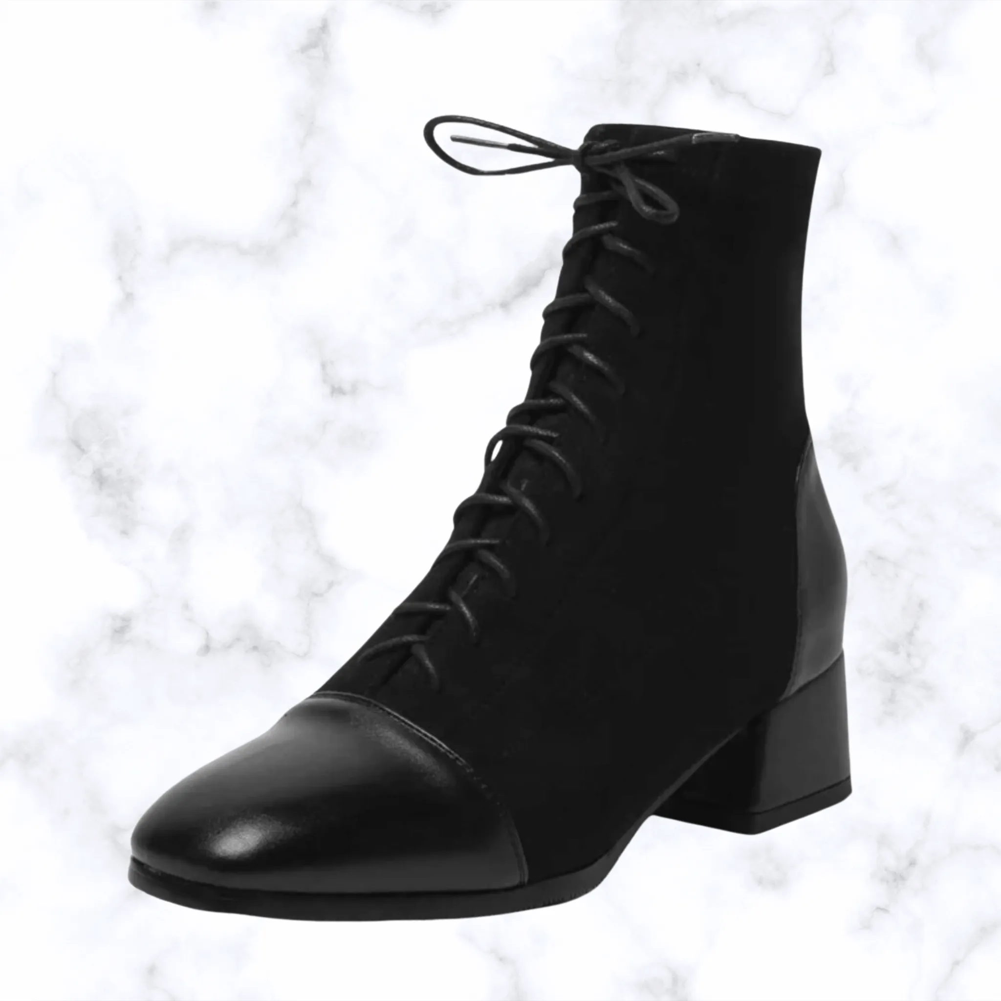 Women's Elegant Lace-Up Ankle Boots – Solid Black or Beige, Square Toe, Low Heels, Fashionable Rubber Design