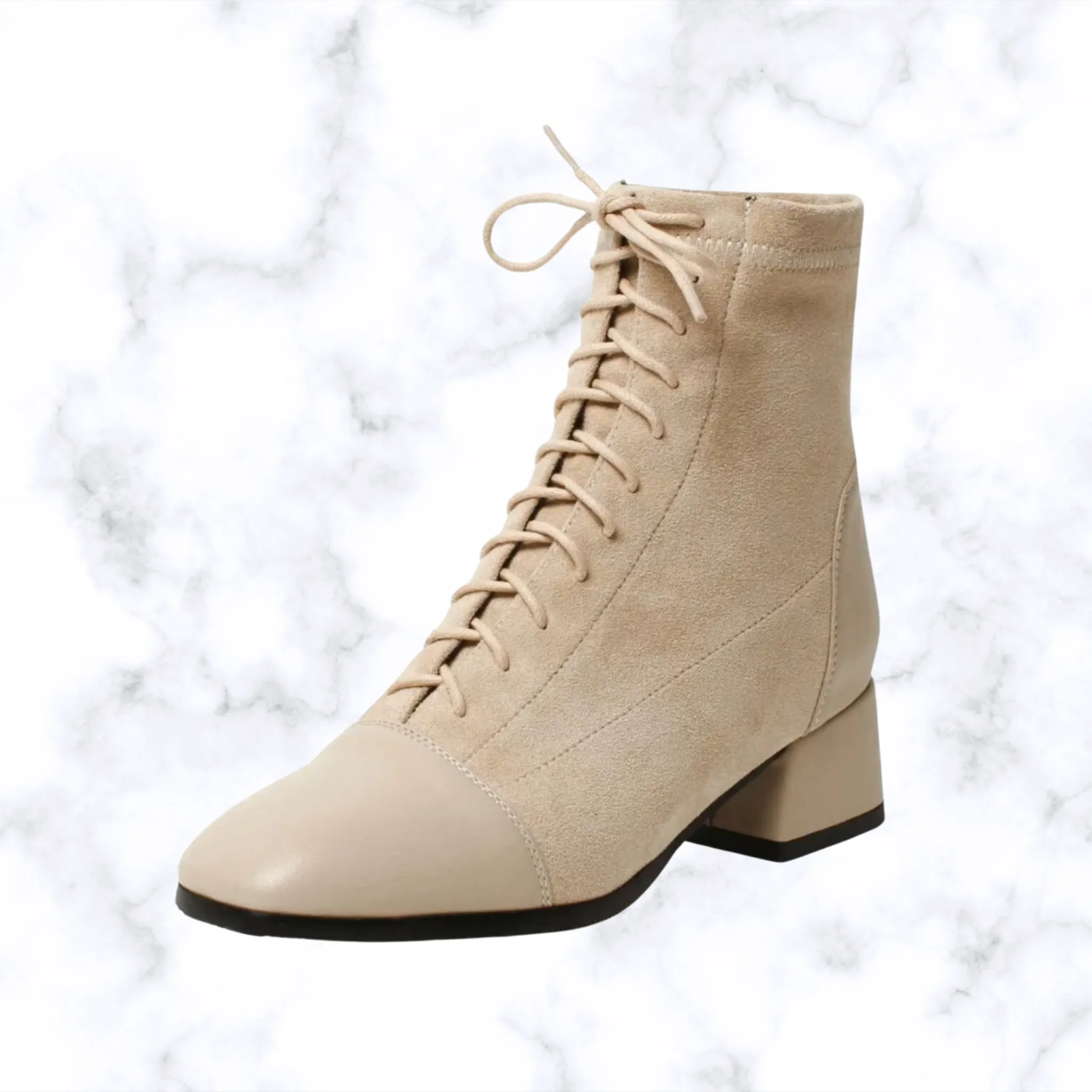 Women's Elegant Lace-Up Ankle Boots – Solid Black or Beige, Square Toe, Low Heels, Fashionable Rubber Design