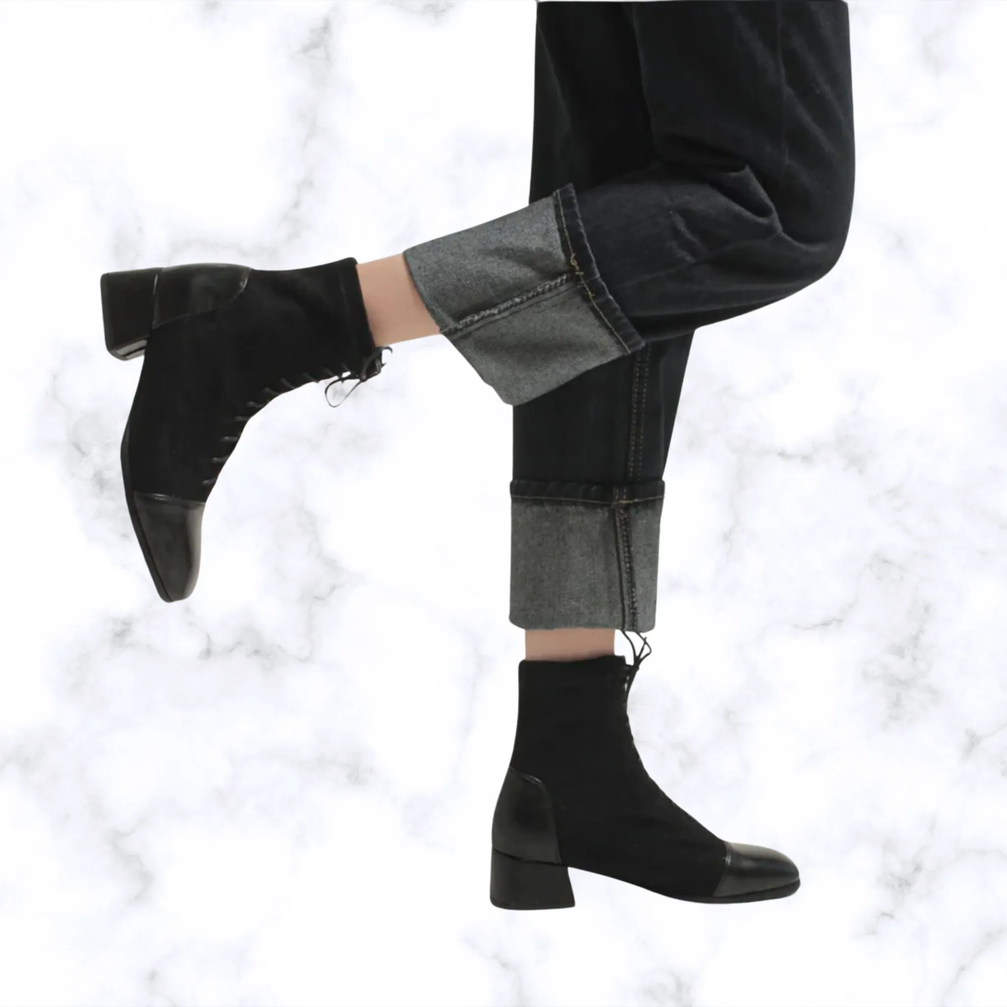 Women's Elegant Lace-Up Ankle Boots – Solid Black or Beige, Square Toe, Low Heels, Fashionable Rubber Design
